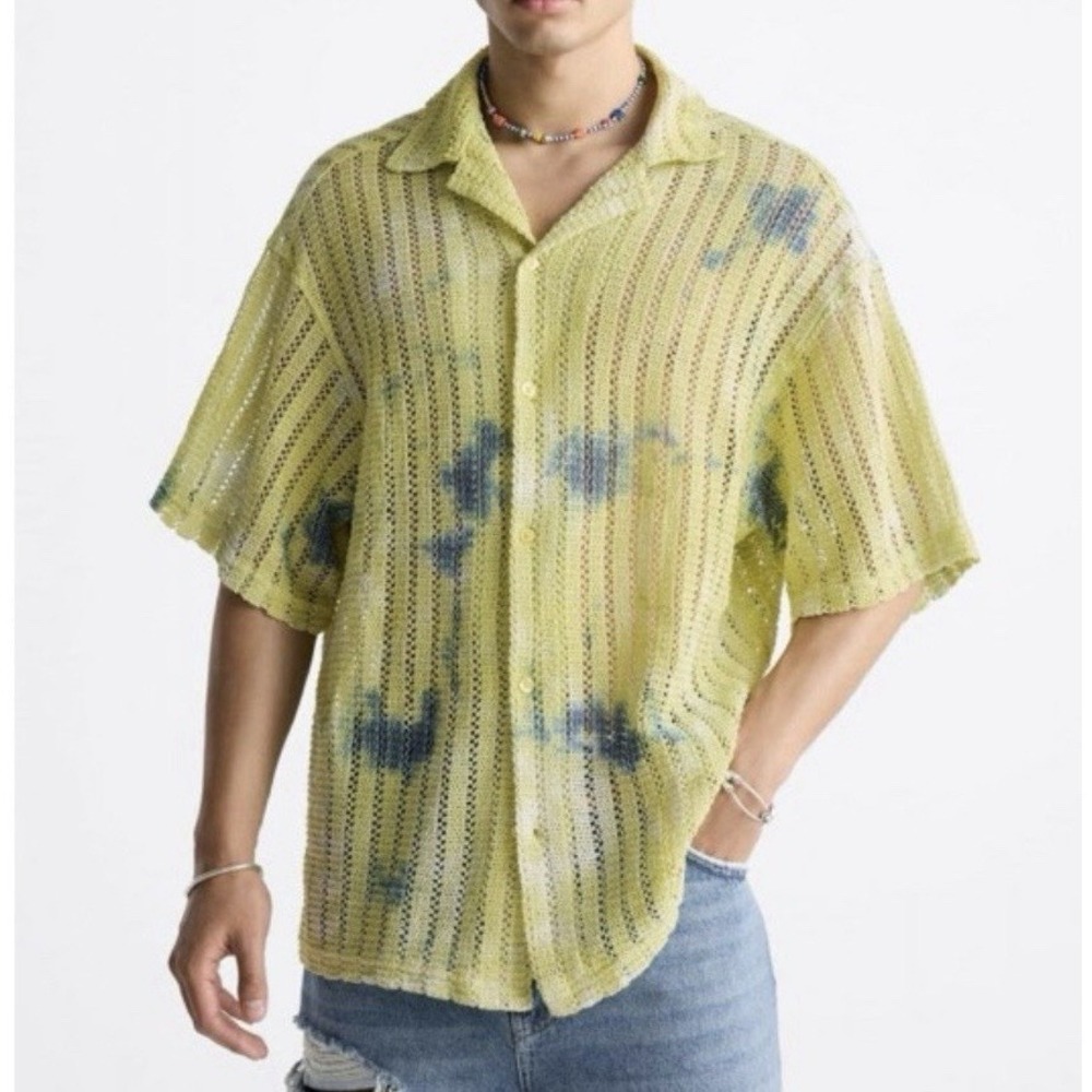 Zara Men's Short Sleeve Button-Up Yellow/Blue Size M Vacation Beach Shirt NWT